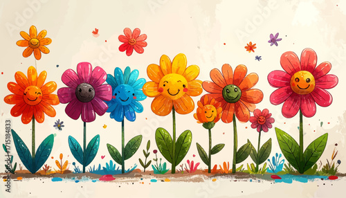 Joyful Garden A Colorful Display of Smiling Flowers, Perfect for Children's Designs