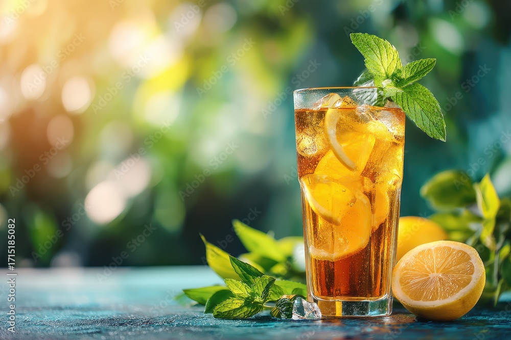 Fototapeta premium Refreshing Iced Tea with Lemon and Mint in a Bright Cafe Setting