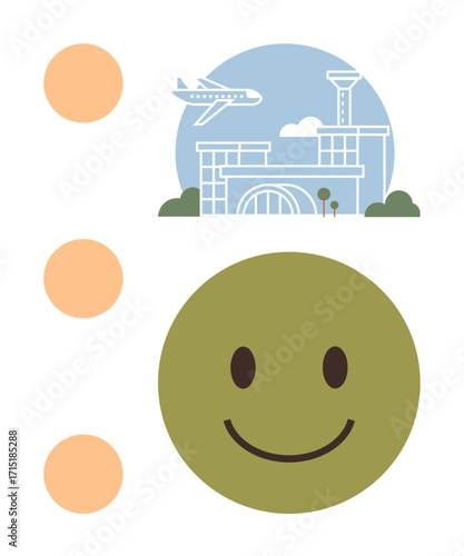 Airplane flying above modern airport terminal, accompanied by a large green happy face and three orange circles. Ideal for travel, happiness, services, simplicity, positivity, design, branding