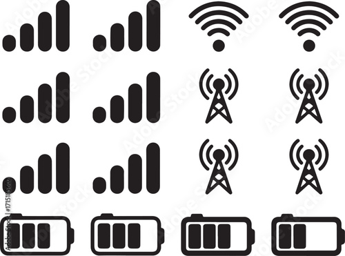 Mobile Signal Strength and Battery Level Vector Icons Set on Transparent Backdrop for UI Design