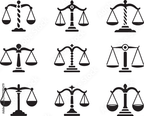 Scales of Justice in Black Silhouette on Transparent Background Vector Illustration