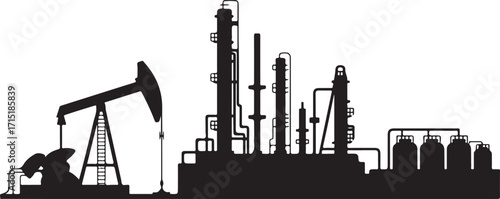 Silhouette of Oil Refinery and Pumpjack for Energy Industry and Industrial Landscape Projects