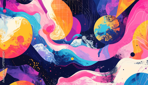 Vibrant abstract artwork featuring dynamic flowing forms, colorful organic shapes, and cosmic elements creating a visually stunning and energetic backdrop perfect for modern design