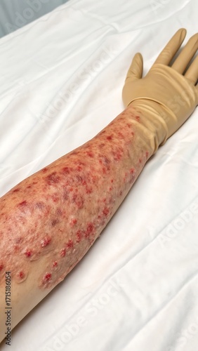 Close-up arm with rash, medical exam, patient care