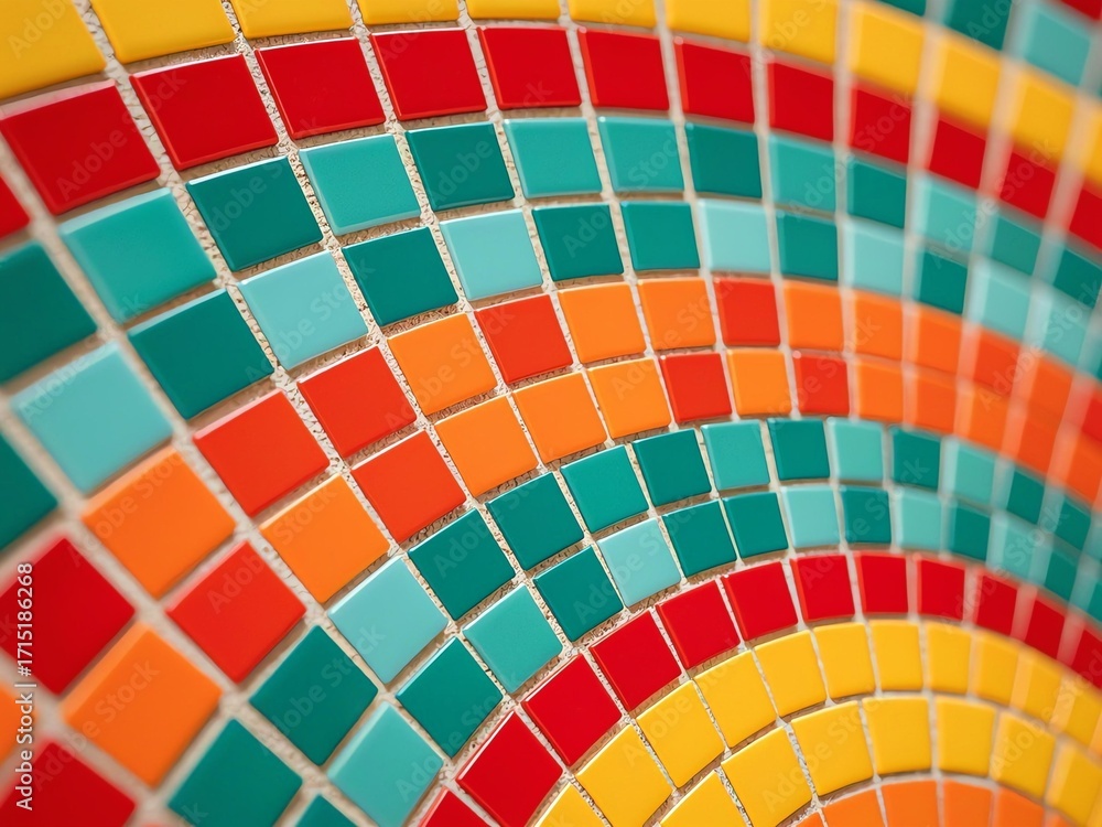 Obraz premium Photorealistic mosaic artwork with curved patterns, vibrant red, orange, teal, green, yellow small square tiles, similar arrangement, adjusted saturation