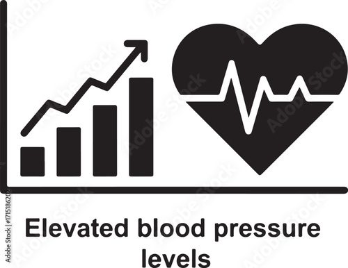 Elevated Blood Pressure Levels Black Silhouette Graph and Heart on Transparent Background