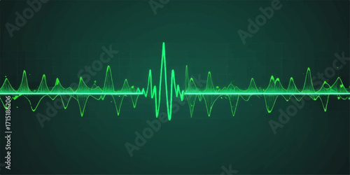 EKG heartbeat graph showing an abstract green cardiogram pulse wave on a medical technology monitor line