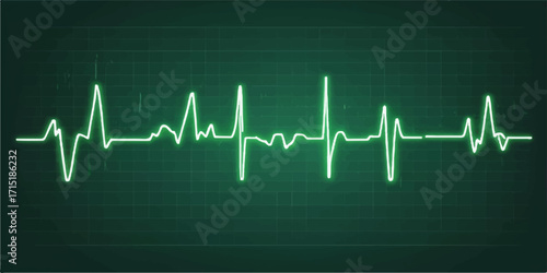 Green EKG heartbeat line on a monitor illustrating a pulse graph of heart rate for medical health monitoring