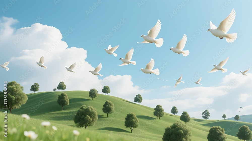 Fototapeta premium Photo-realistic white doves flying over lush green hill with evenly spaced trees, light blue sky and scattered clouds, natural lighting and vibrant colors