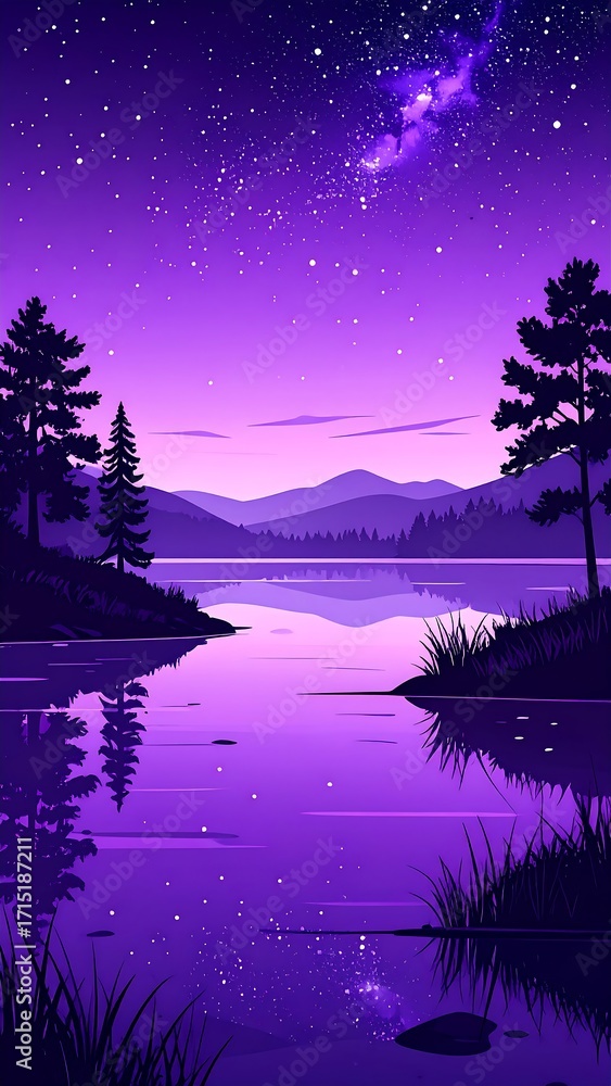 Fototapeta premium Purple night landscape with lake reflection