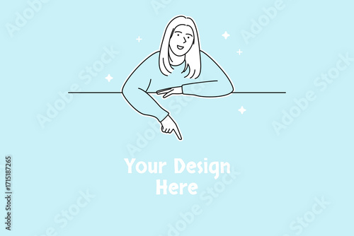 Happy in Sweater Pointing Down at Blank Sign on Copy Space Background