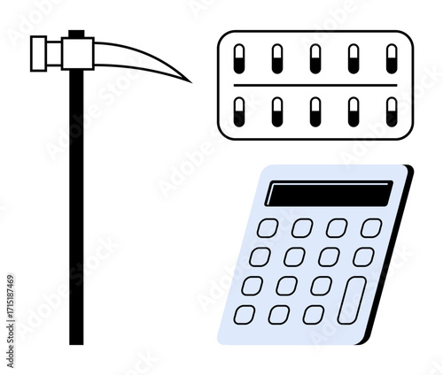 Mining pickaxe, cryptocurrency ledger, and calculator symbolize blockchain technology, cryptocurrency mining, financial analytics, digital economy, innovation, problem-solving and fintech. Ideal