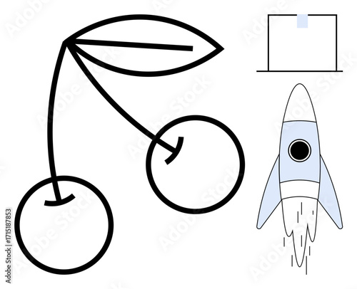 Line art cherry icon with leaf, a laptop, and a blue rocket launching. Ideal for concepts thumbs up creativity, innovation, progress, growth, technology productivity and fresh ideas. A simple flat