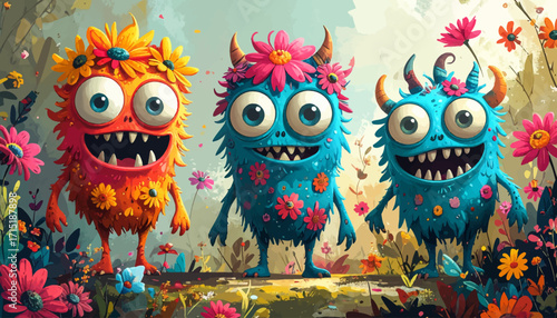 Playful Monster Trio in a Whimsical Floral Garden - A Colorful Fantasy Scene