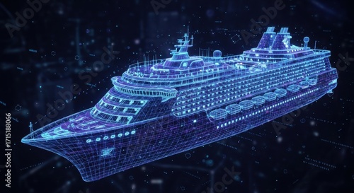 Futuristic Cruise Ship Rendering with Digital Grid and Glowing Elements