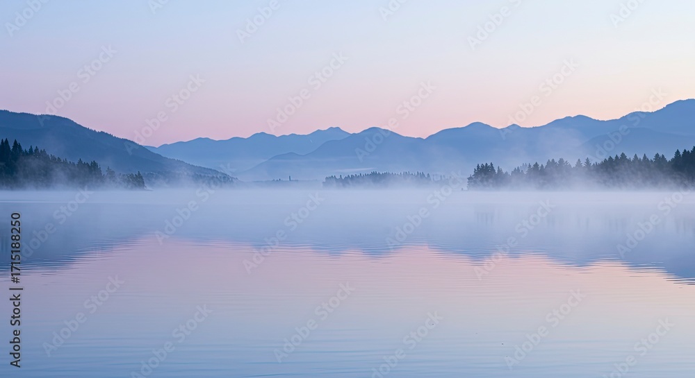 Fototapeta premium Serene Misty Lake Landscape: Mountains, Fog, and Pastel Sunrise Reflections