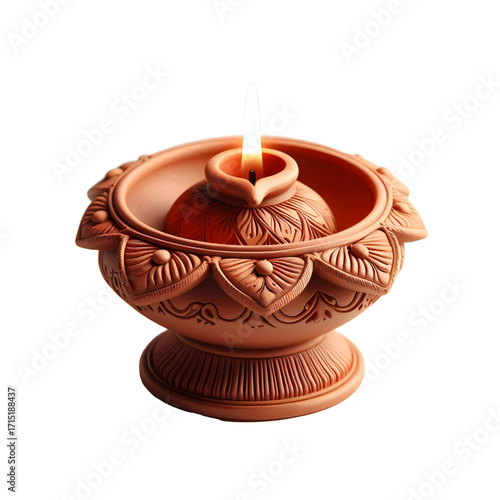 3D Clay diya lamp isolate on white background