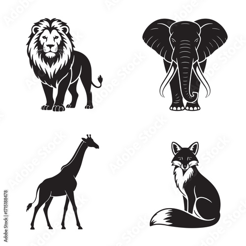 Set of four black silhouette African and wild animals on a white background lion elephant