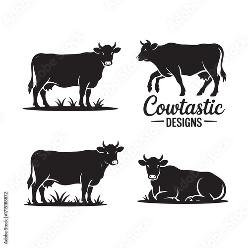 Collection of four black silhouette cows in various poses on a white background cattle livestock