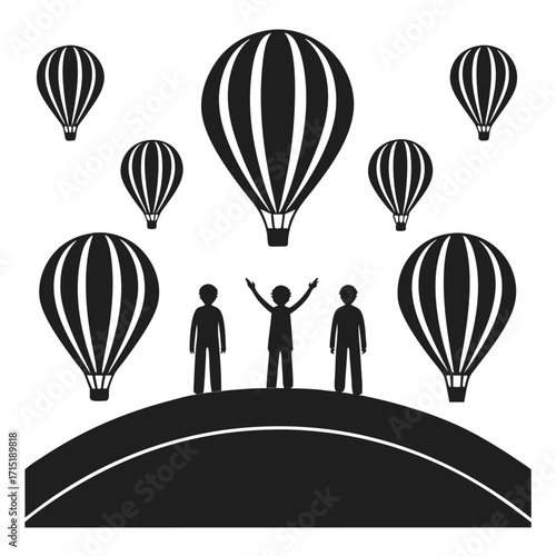 Diverse silhouettes people hot air balloons travel
