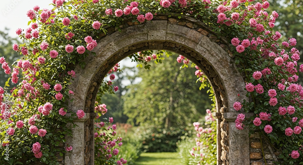 Fototapeta premium Stone Archway Adorned with Pink Roses, Garden Pathway View.