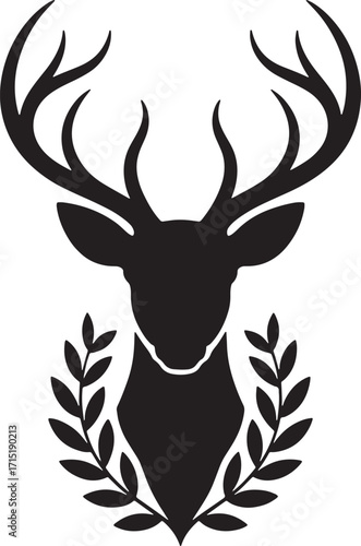 Black silhouette of a deer head with large antlers surrounded by laurel branches stag buck