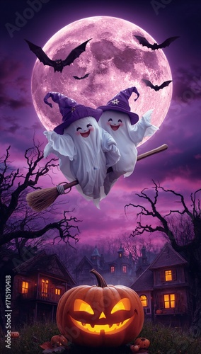 Cheerful Ghost Witches Flying on Broomstick Over Jack-o'-Lantern Under Purple Halloween Moon