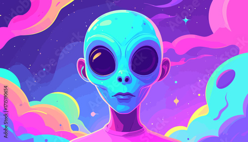 A vibrant and surreal portrait of an extraterrestrial being surrounded by psychedelic cosmic clouds and stars