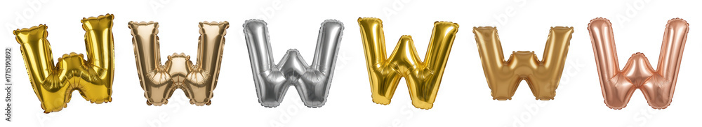 Fototapeta premium Metallic letter W balloon set including various gold, silver, and rose gold finishes isolated. Celebration typography and design element collection.
