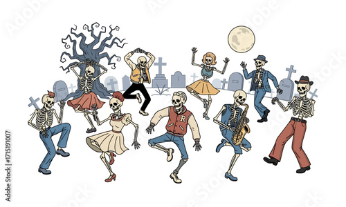 Skeletons Dancing at a Graveyard Halloween Party.