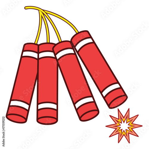 Red firecrackers with yellow fuses and an explosion