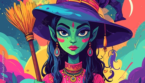 Enchanted Witch A Vibrant Halloween Fantasy Illustration