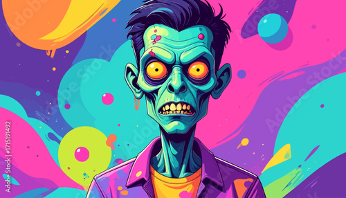 Vibrant Pop Art Portrait of a Cartoonish Zombie with Expressive, Wide Eyes and a Frightened Expression