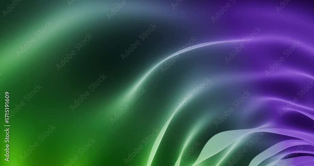 Fitas de luz verde-roxo em movimento — ondas suaves com gradiente e espaço para texto (loop 12s, 4K) área livre para texto