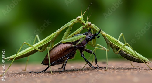 Two Praying Mantises Attacking a Stag Beetle: Intense Insect Predation in Nature
