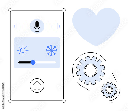 Smartphone interface with voice input icon, temperature settings, home icon, gears, and a heart. Ideal for technology, automation, smart devices, voice assistant internet of things home management