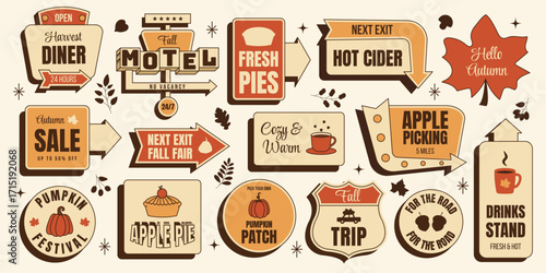 Retro autumn fall sticker set harvest festival, pumpkin,apple pie,motel,diner,maple leaves,cozy seasonal signs.Vintage mid century 50s Americana vector illustration nostalgic foliage season,road trip