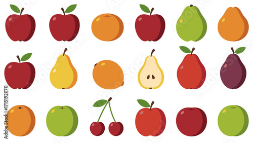 Vibrant Flat Icon Set of Healthy Fruits: Apples, Pears, Oranges, Cherries, Plum on White Background