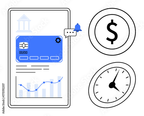 Mobile interface with payment card, financial graph, settings icon, notification, dollar icon, and clock. Ideal for finance, banking, budgeting savings fintech time management simple flat