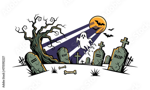 Spooky Halloween graveyard scene with a floating ghost and full moon.