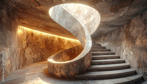 Abstract Spiral Staircase in Stone Hallway with Sunlight Beam, Architectural Design and Industrial Interior, Beige and Brown Tones, Pixelated Texture