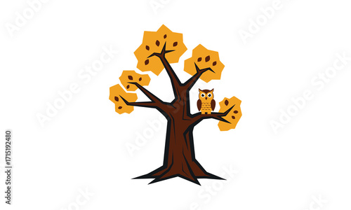Stylized autumn tree with vibrant yellow leaves and a cute brown owl perched on a branch.