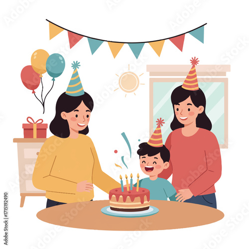 A happy family celebrating a birthday with a cake and candles, wearing party hats.