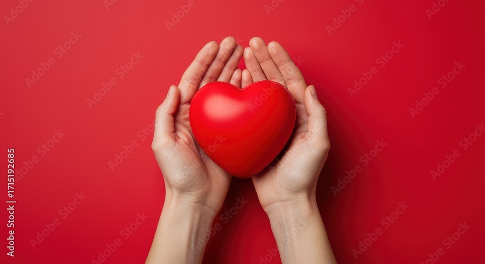Fototapeta premium Heartfelt Hands: A close-up shot captures a person cradling a vibrant red heart with both hands, set against a scarlet backdrop, the image conveys themes of compassion, love, and emotional wellbeing.