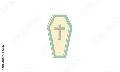 Stylized hexagonal coffin illustration with a light green outline and a red Christian cross on its lid.