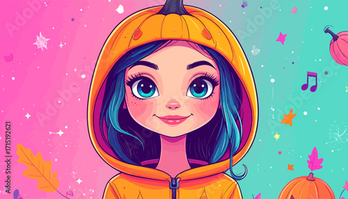 Charming illustration of a girl dressed as a pumpkin for Halloween, with a vibrant and festive background