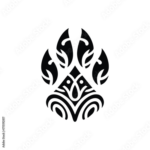 Abstract tribal design featuring stylized flames and faces