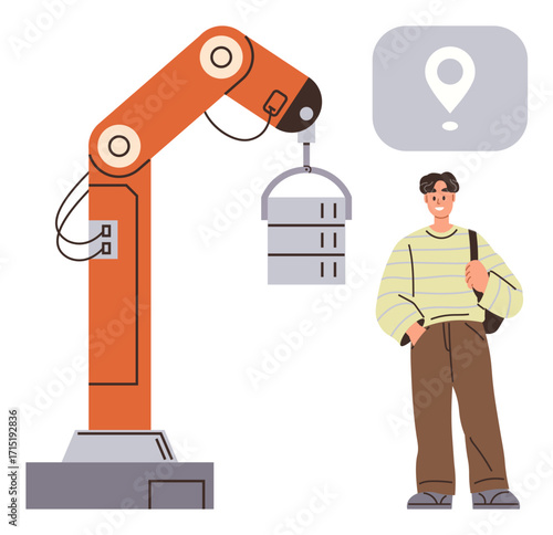 Industrial robotic arm lifting object while a young man observes, showcasing technology in workspaces. Ideal for automation, industry, engineering, innovation, workforce, future technology, simple
