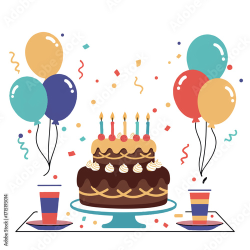 Birthday party scene with cake, balloons, and confetti.