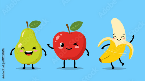 Happy Cartoon Fruits: Cheerful Pear, Winking Apple, and Dancing Banana Characters. Cute Healthy Eating Illustration on Blue Background.